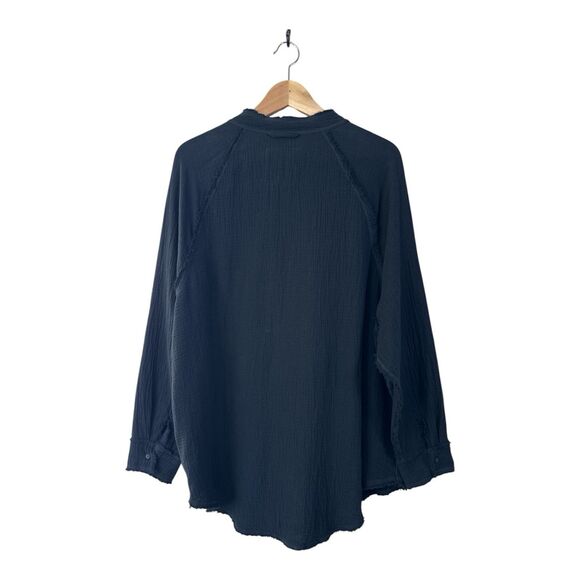Aerie AE Gauze‎ Cotton Shirt Black SZ Medium Oversized Frayed Edges Long Sleeve - Picture 10 of 11